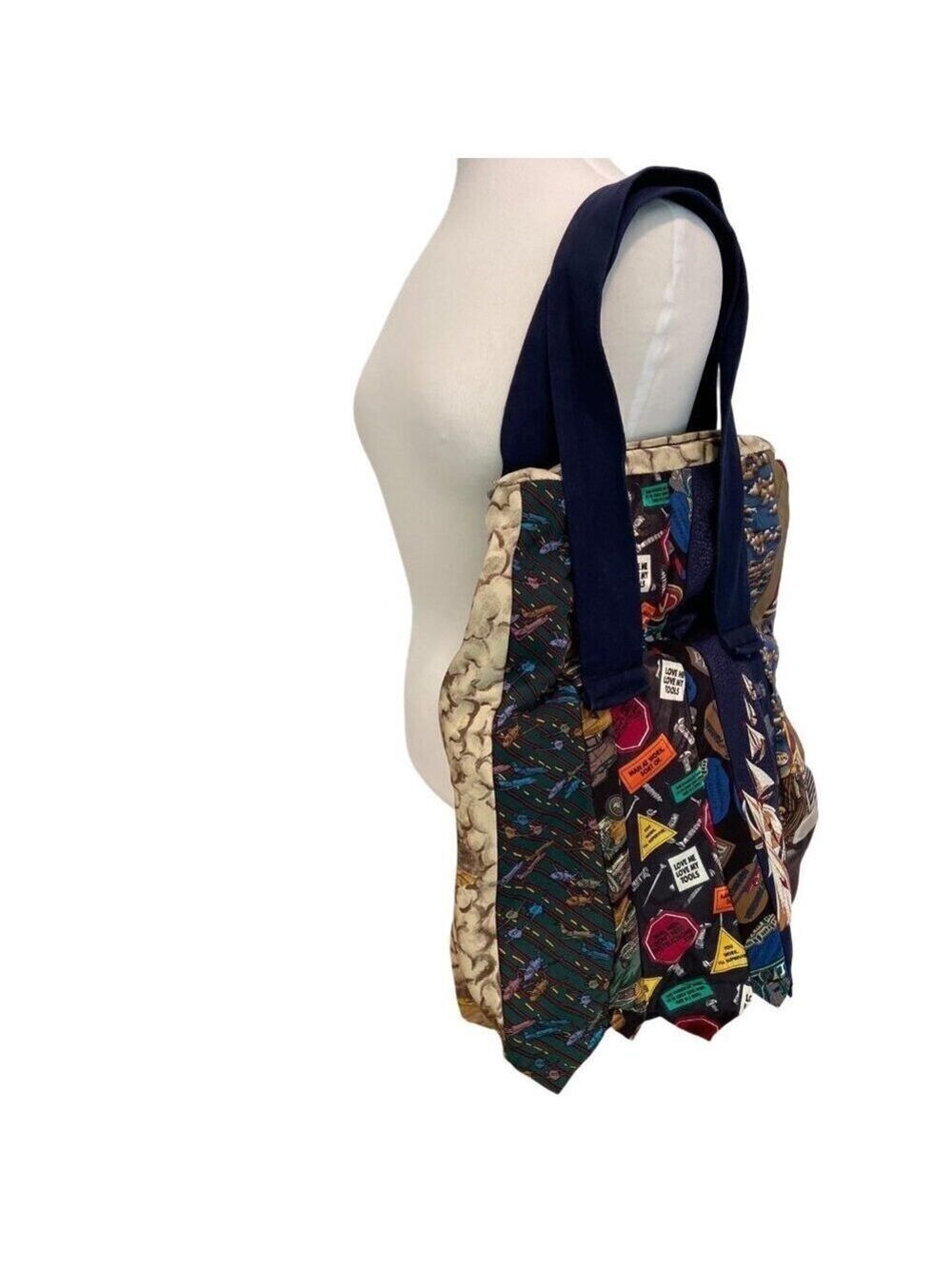 Upcycled Vintage Silk Necktie Tote Bag handcrafted masculine illustrations tools